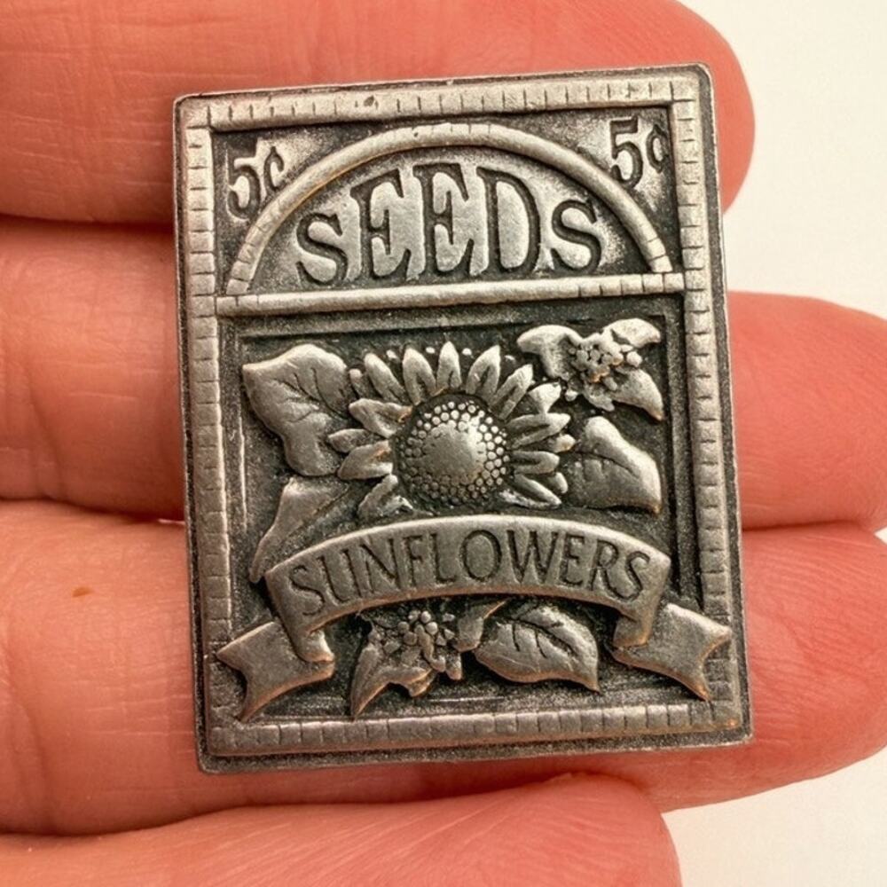 Birds and Blooms 2003 Limited Edition Pewter Sunflower Seed Packet Stamp Brooch